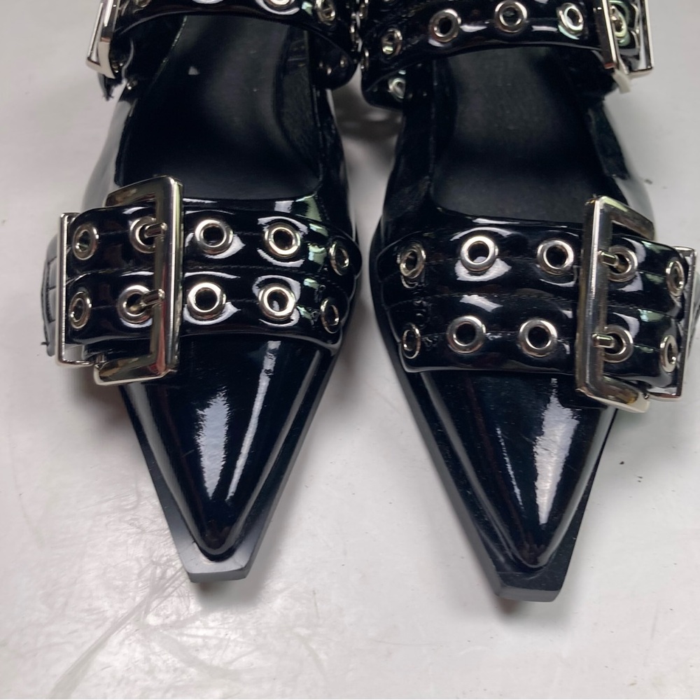 NWOT JEFFREY CAMPBELL Deb Patent Black Studded Pointed Toe Buckle Sandal Flat - Picture 7 of 9